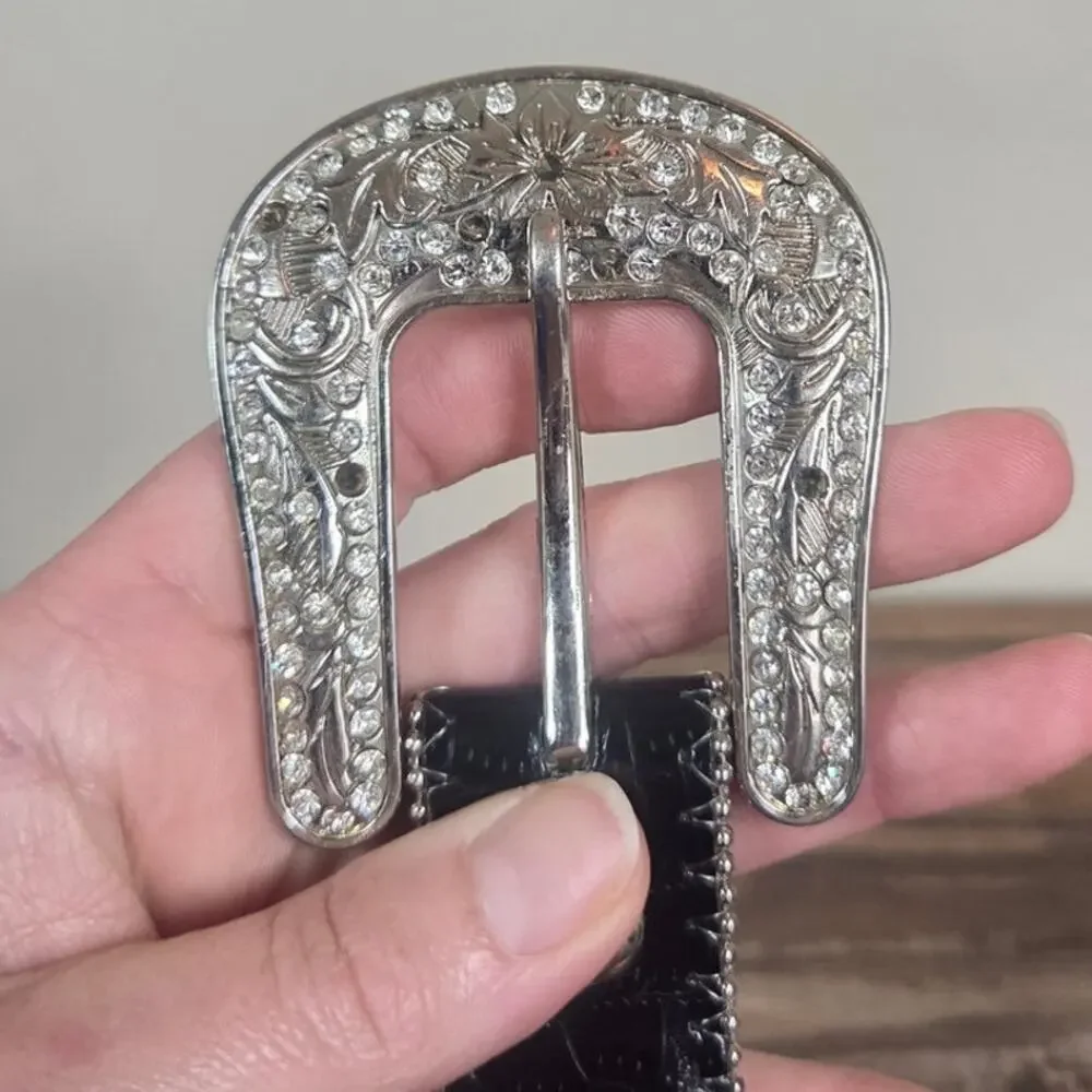Rhinestone Woman's Bling Cross Black Western Belt Silver Buckle